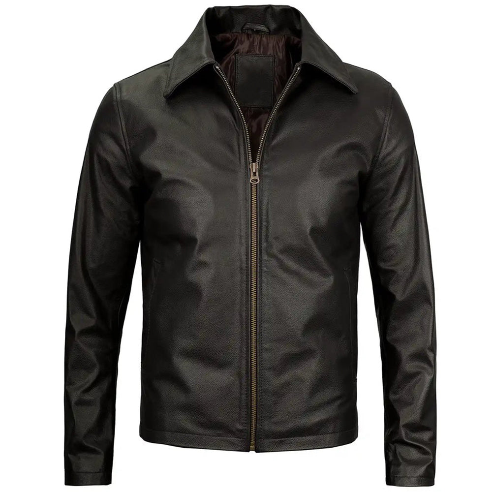 Men's Vintage Harrington Leather Jacket with Shirt Collar | Black