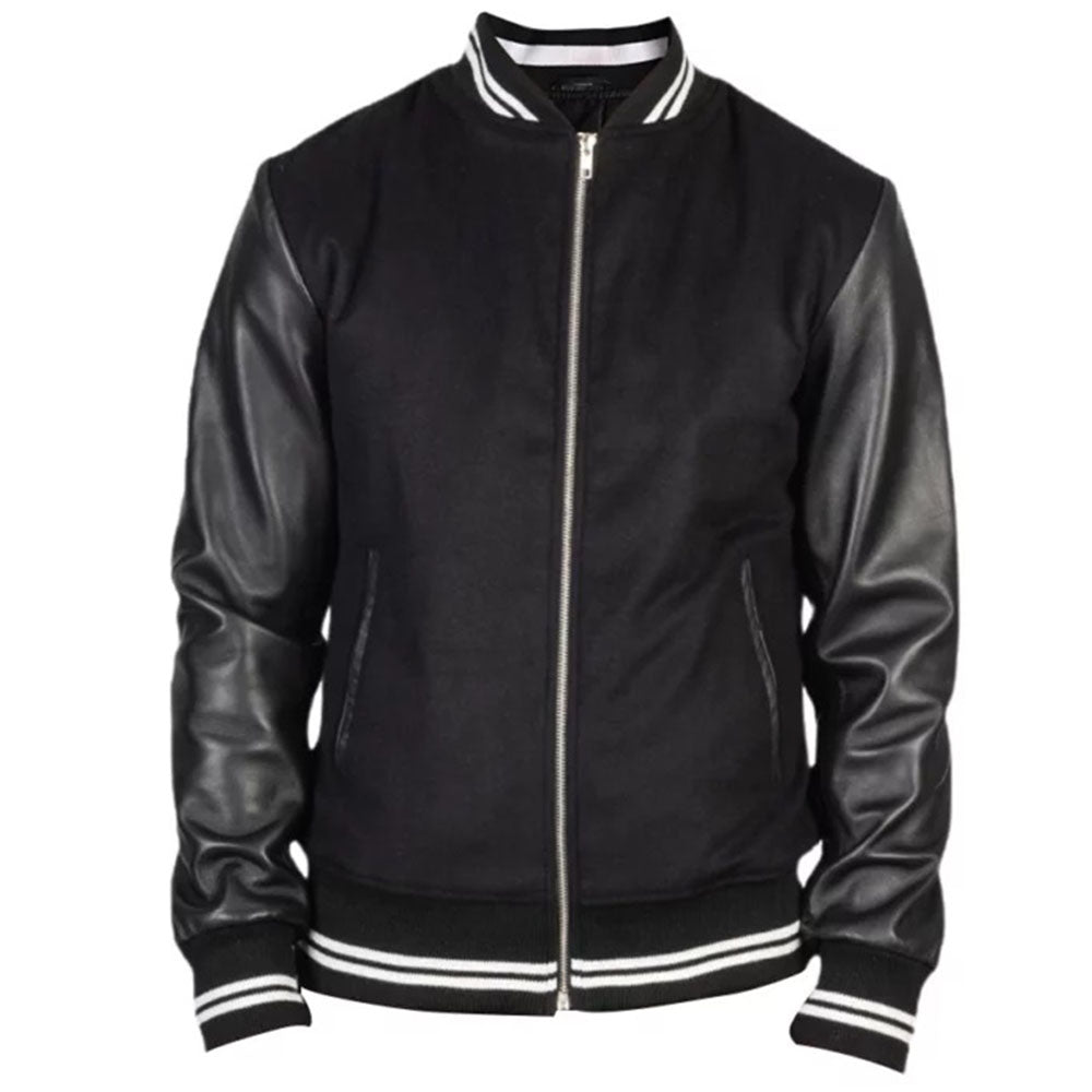 Men's Harrington Bomber Leather Varsity Style Jacket | Black