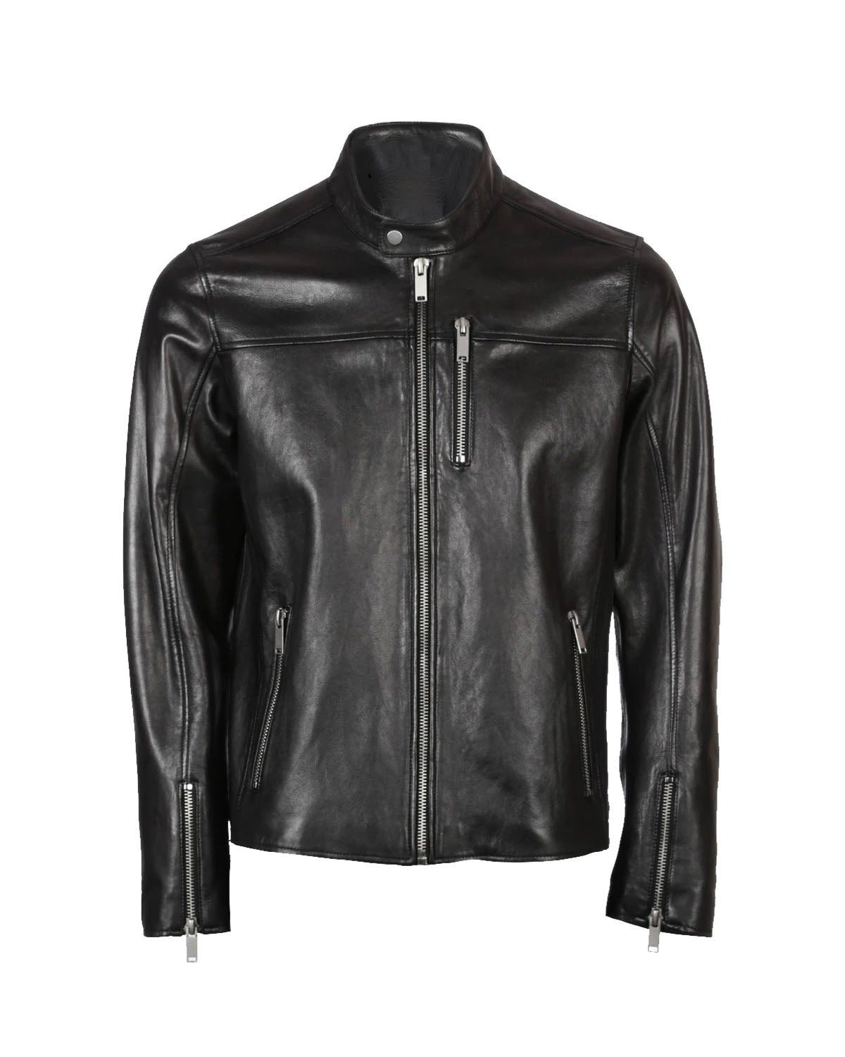 Men's Band Snap Tab Collar Biker Leather Jacket | Black