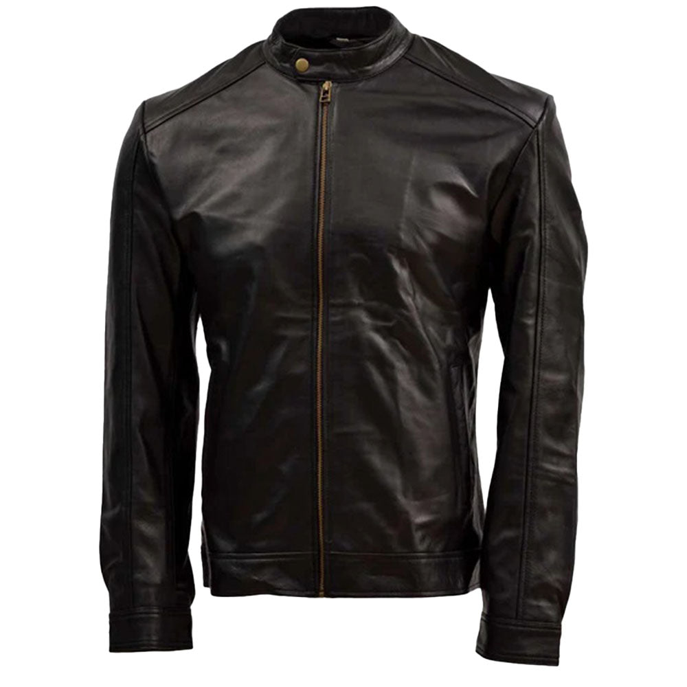 Men's Sheep Leather Moto Jacket with Stand Collar, Zip Closure | Black