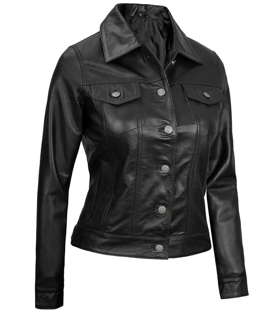 Women's Real Leather Cafe Racer Style Jacket | Black