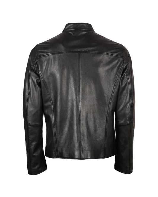 Men's Band Snap Tab Collar Biker Leather Jacket | Black
