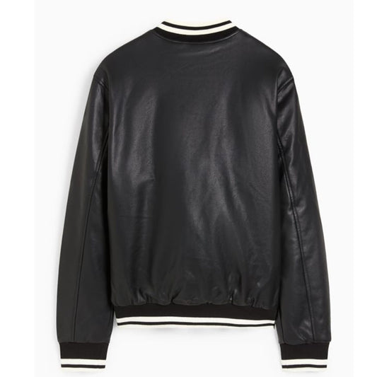 Men's Faux Leather Bomber Varsity Jacket, two side pockets, Black (Also Available in Real Leather) | Black