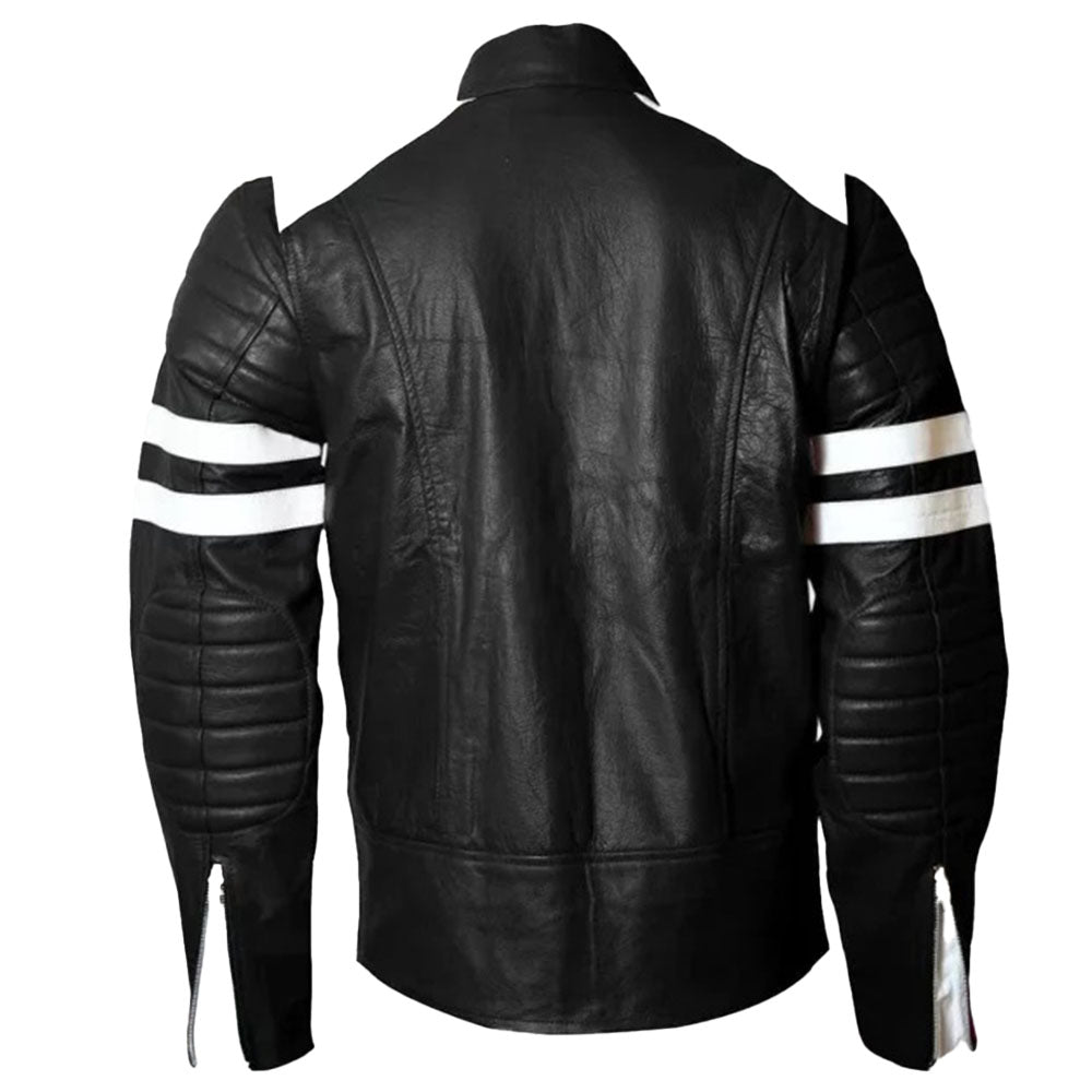 Men's Retro Cafe Racer Leather Jacket, Classic Fit, with White Stripes | Black
