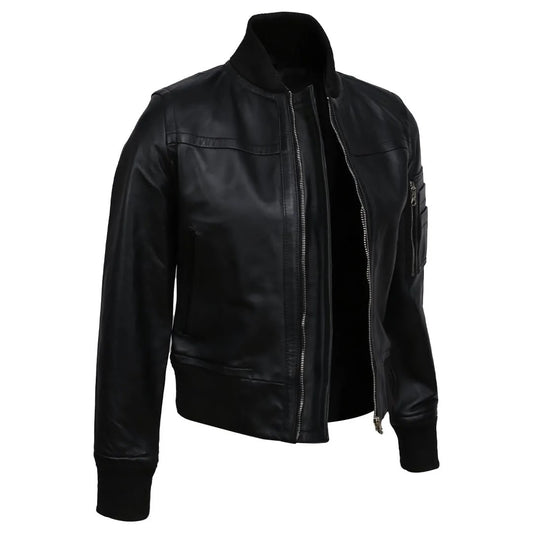 Women's Real Sheep Leather Motorcycle Bomber Jacket | Black