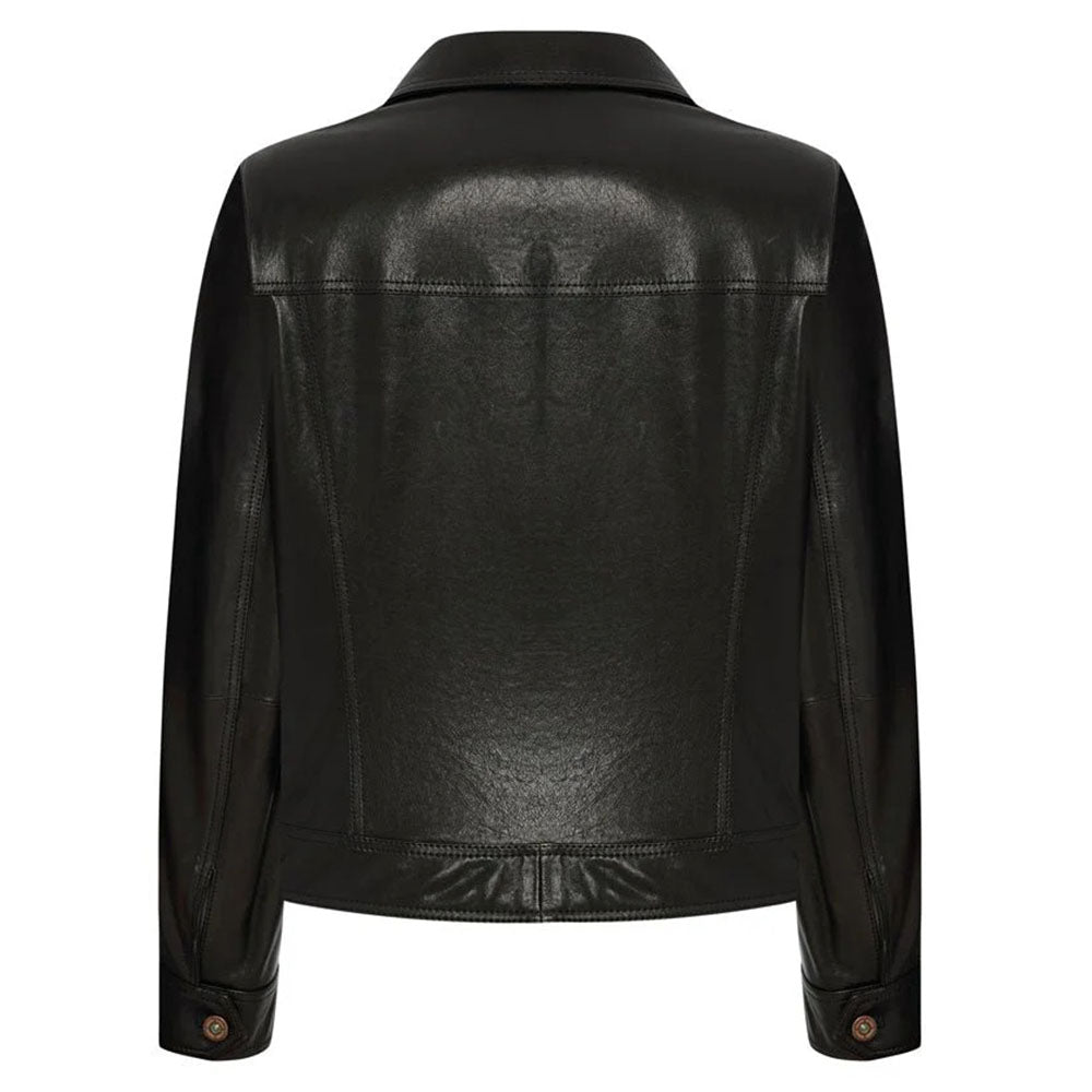 Women's Leather Trucker Jacket, Lambskin, Zip Front | Black