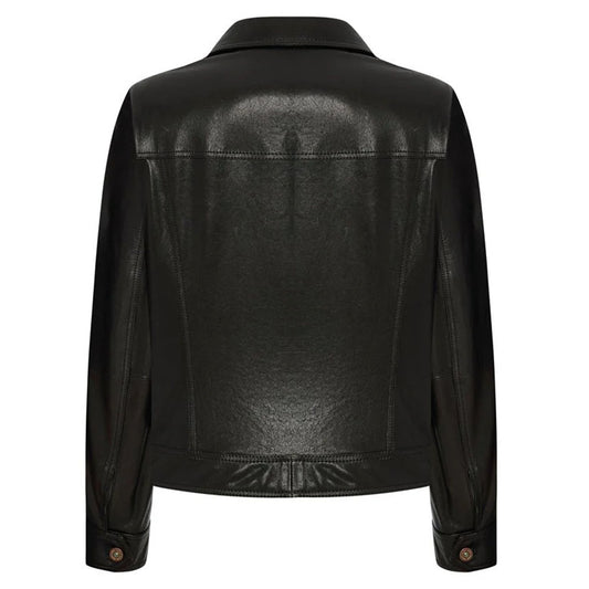 Women's Leather Trucker Jacket, Lambskin, Zip Front | Black