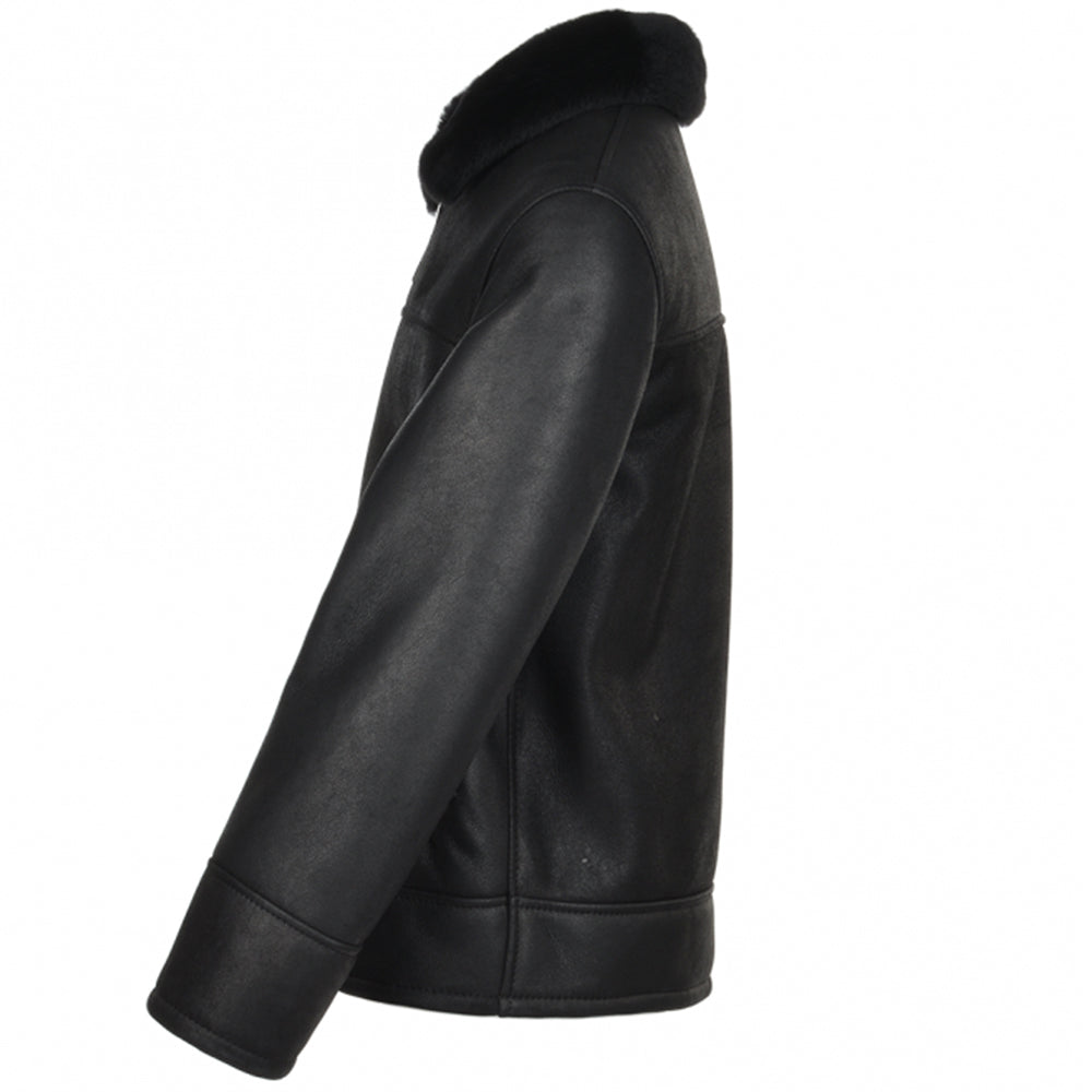 Men's Sheepskin Genuine Leather Jacket with Fur Collar | Black