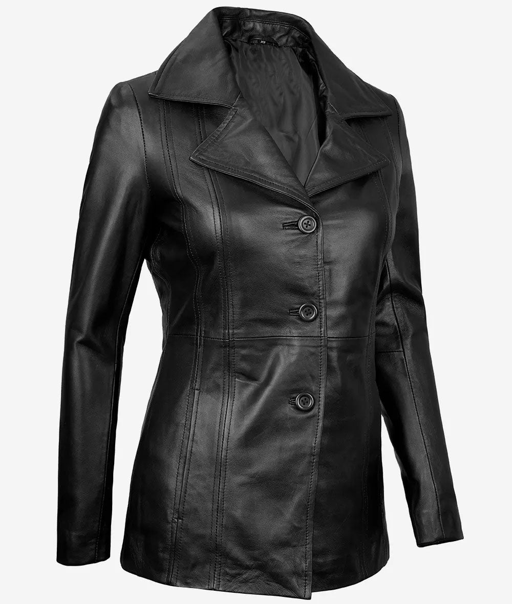 Women's 3/4 Length Genuine Leather Coat | Black