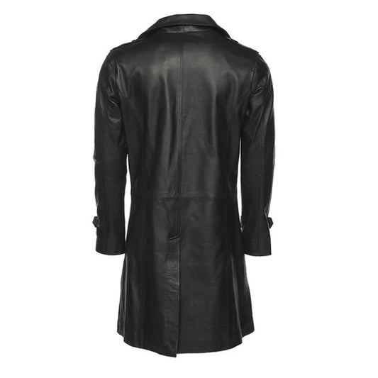 Mens Double Breasted Leather Trench Coat | Black