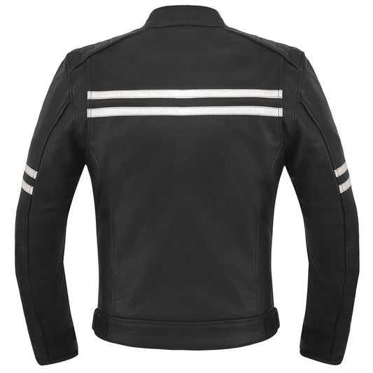 Men's Motor Cycle Leather Jacket with white Stripes Black Shoulders | Black
