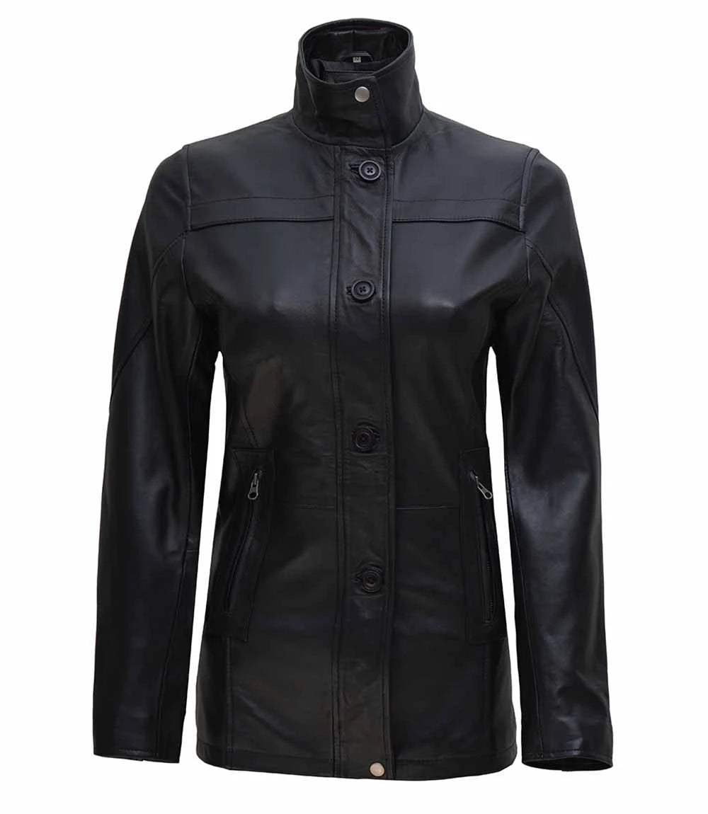 Women's 3/4 Length Button + Zipper Closure Leather Coat | Black