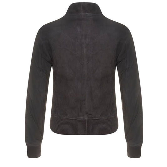 Women's Suede Bomber Leather Jacket, Zip Front, Ribbed Cuffs and Hem | Black
