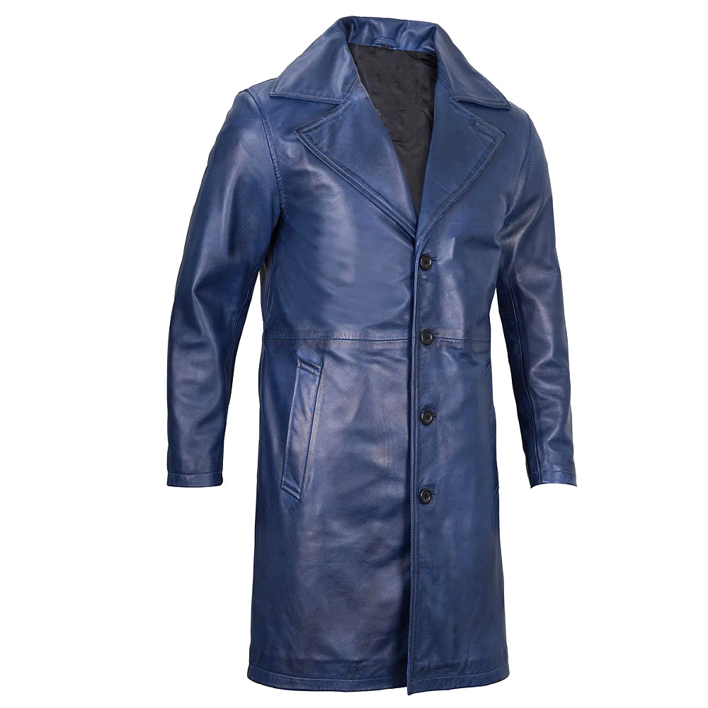 Men's 3/4 Length Trench Leather Coat | Navy Blue