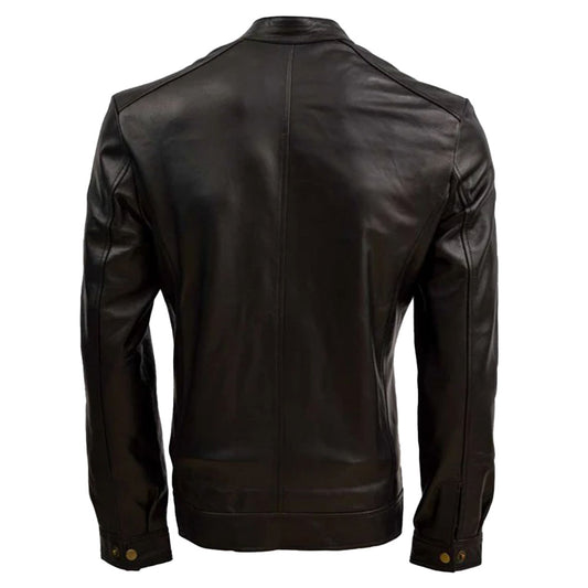 Men's Sheep Leather Moto Jacket with Stand Collar, Zip Closure | Black