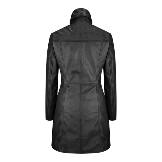 Women's Long Leather Coat, High Neck, Multiple Pockets, Full Zip Front | Black