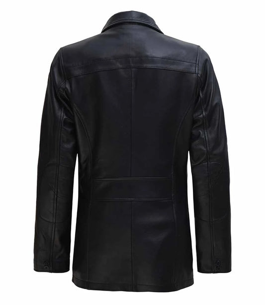 Women's 3/4 Length Button + Zipper Closure Leather Coat | Black