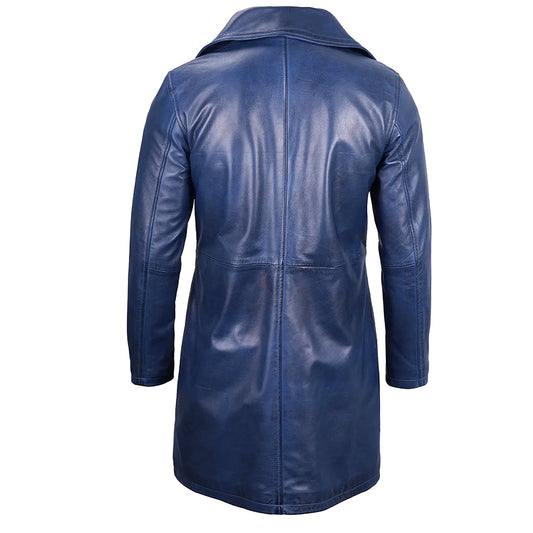 Men's 3/4 Length Trench Leather Coat | Navy Blue