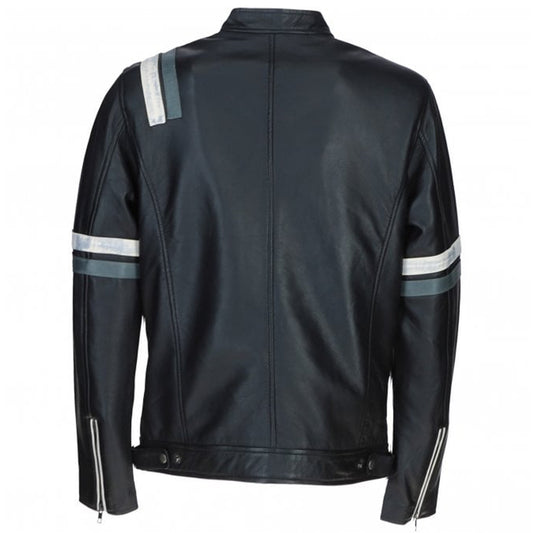 Men's Motorcycle Leather Jacket Gray & White Stripes | Blue & Black