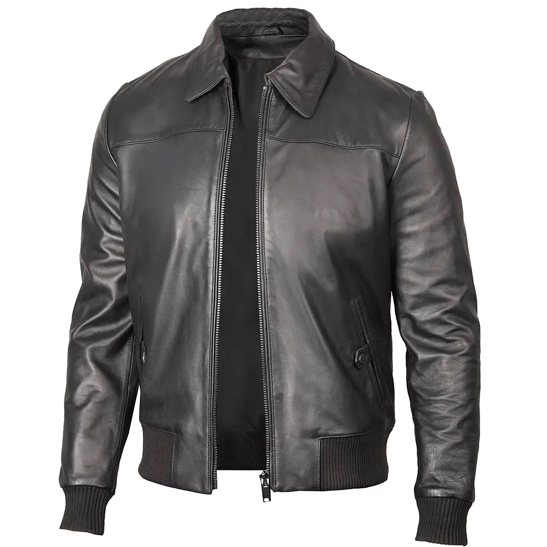 Men's Bomber Leather Jacket Ribbed Collar & Cuff | Black