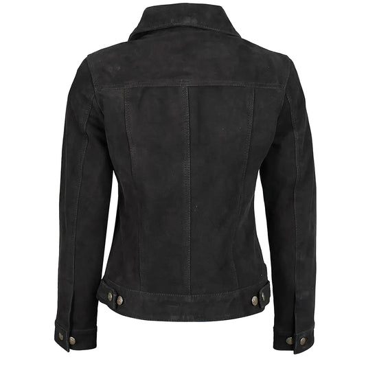 Women's Suede Trucker Leather Jacket | Black