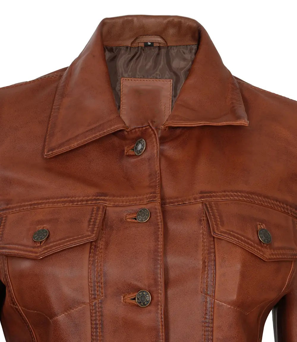 Women's Leather Harrington Moto Trucker Jacket | Brown
