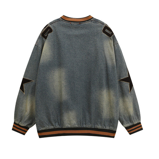 Denim V-Neck Star Letter Sweater