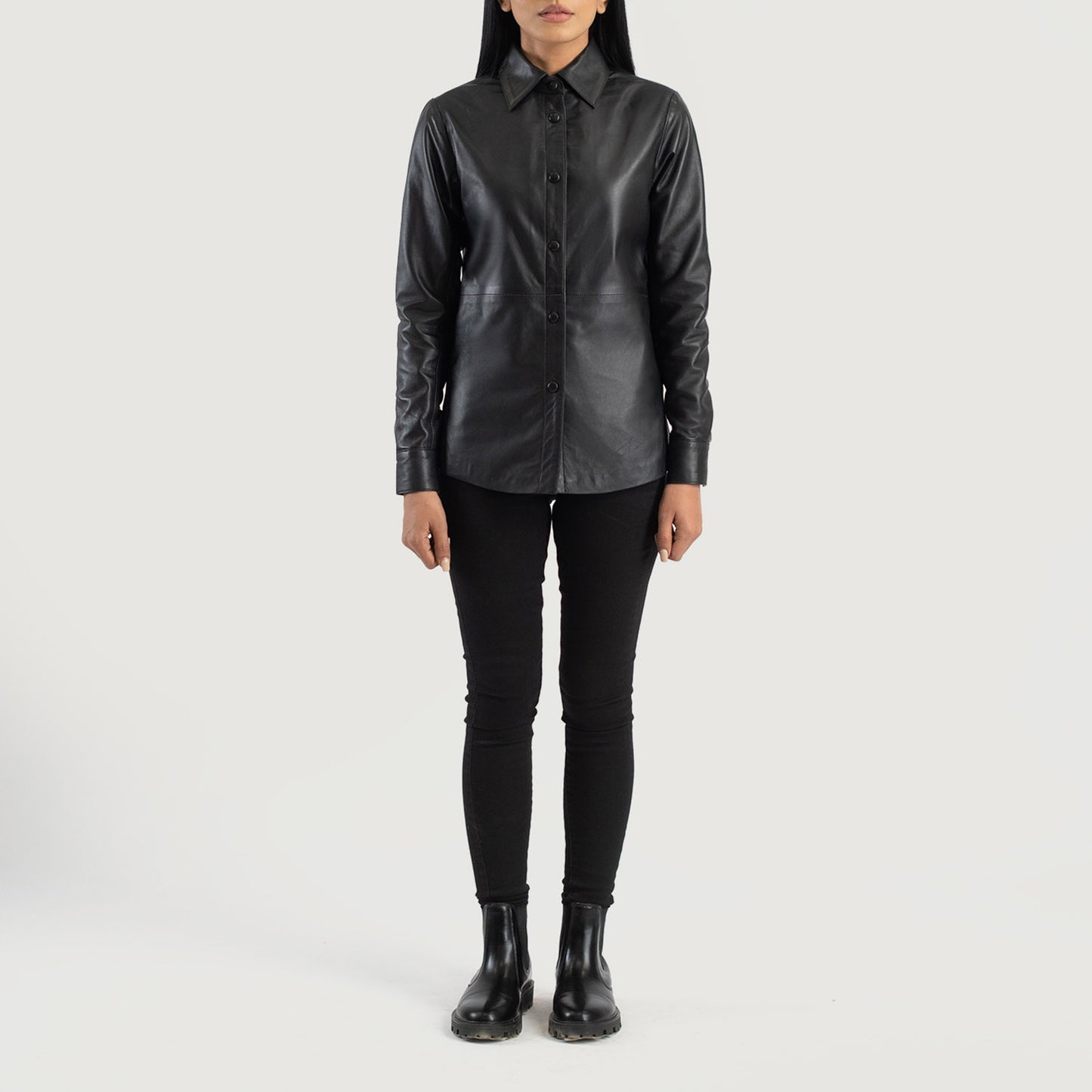 Women's Leather Shirt Collar Leather Jacket | Black