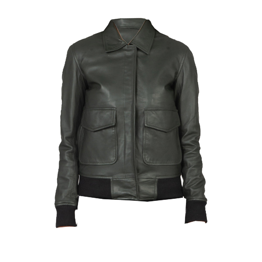 Women's Pure Bomber Leather Jacket | Green