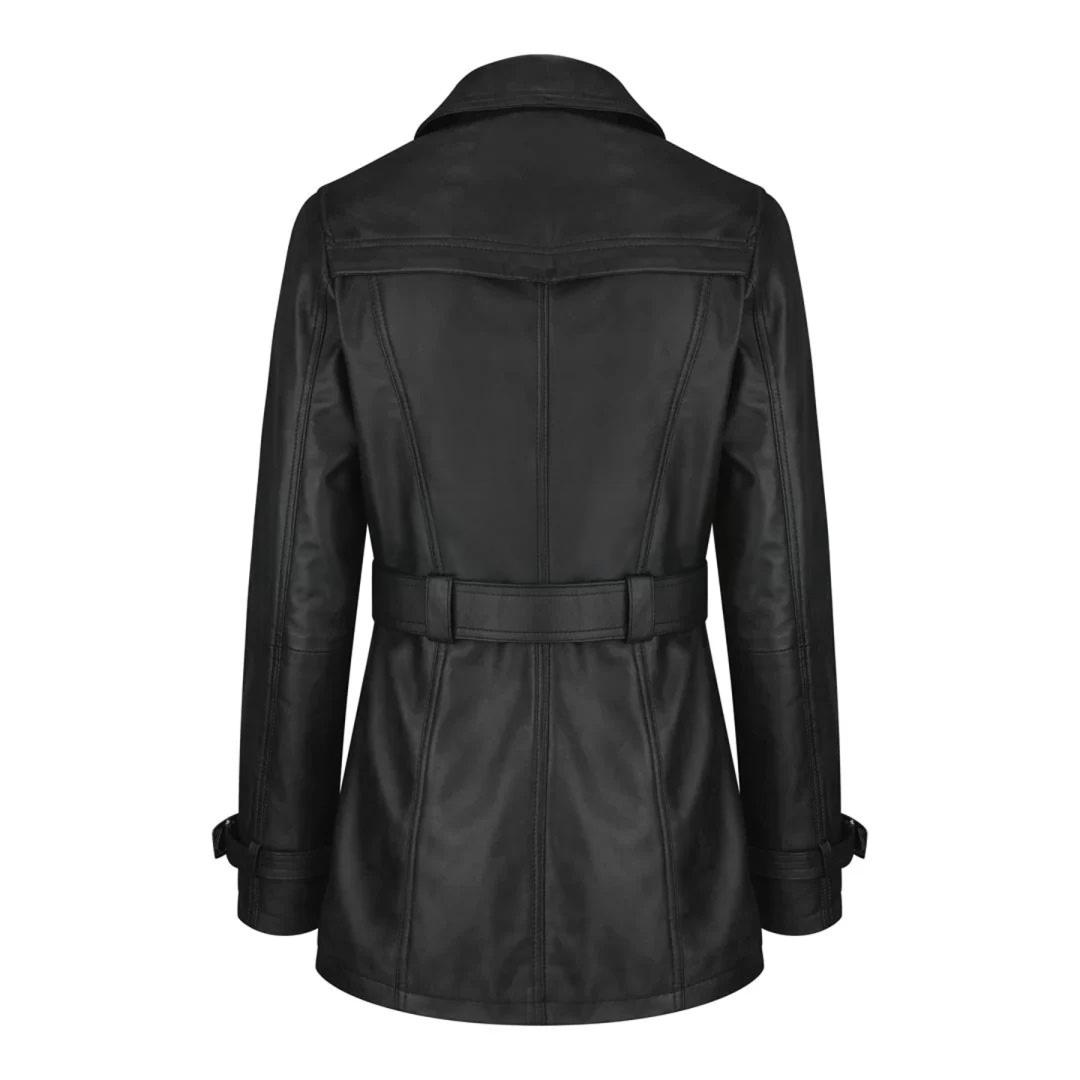 Women's Leather Belted Trench Car Coat | Black