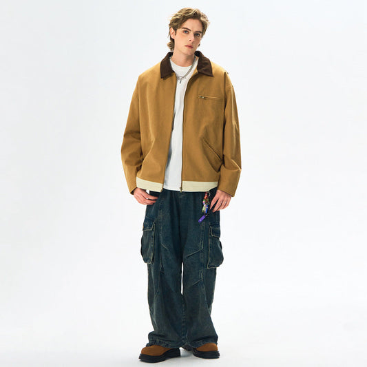 Men’s Contrast Color Washed Polo Collar Jacket