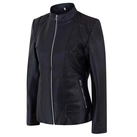 Women's Genuine Café Racer Sheepskin Motorcycle Leather Jacket, YKK Zipper | Black