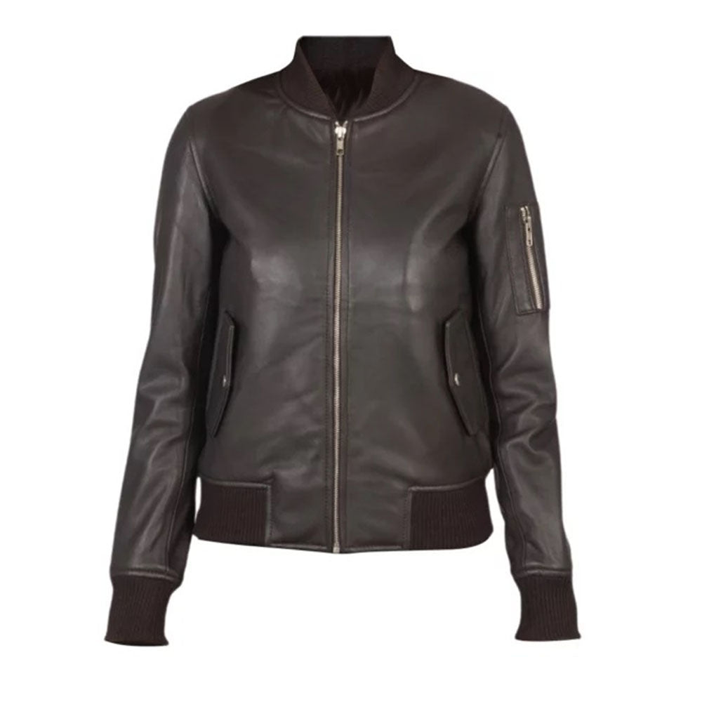 Women's Classy Bomber Biker Leather Jacket, Zip Front, Sleeve Pocket, YKK Zipper | Brown
