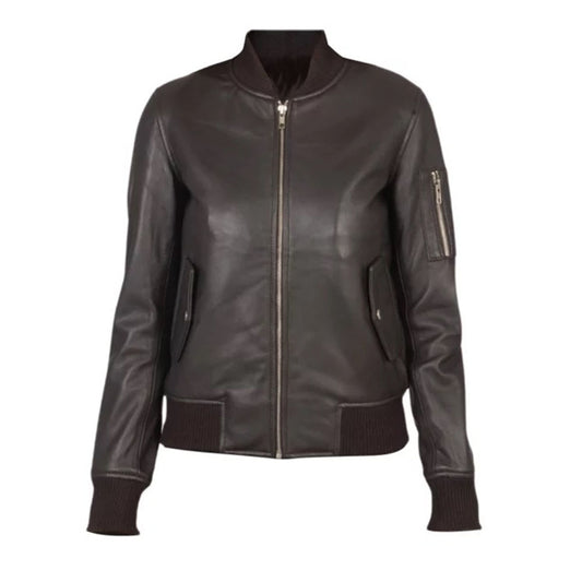 Women's Classy Bomber Biker Leather Jacket, Zip Front, Sleeve Pocket, YKK Zipper | Brown