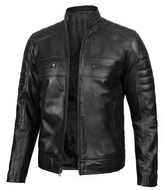 Men's  Biker Genuine Leather Moto Racer Jacket | Black