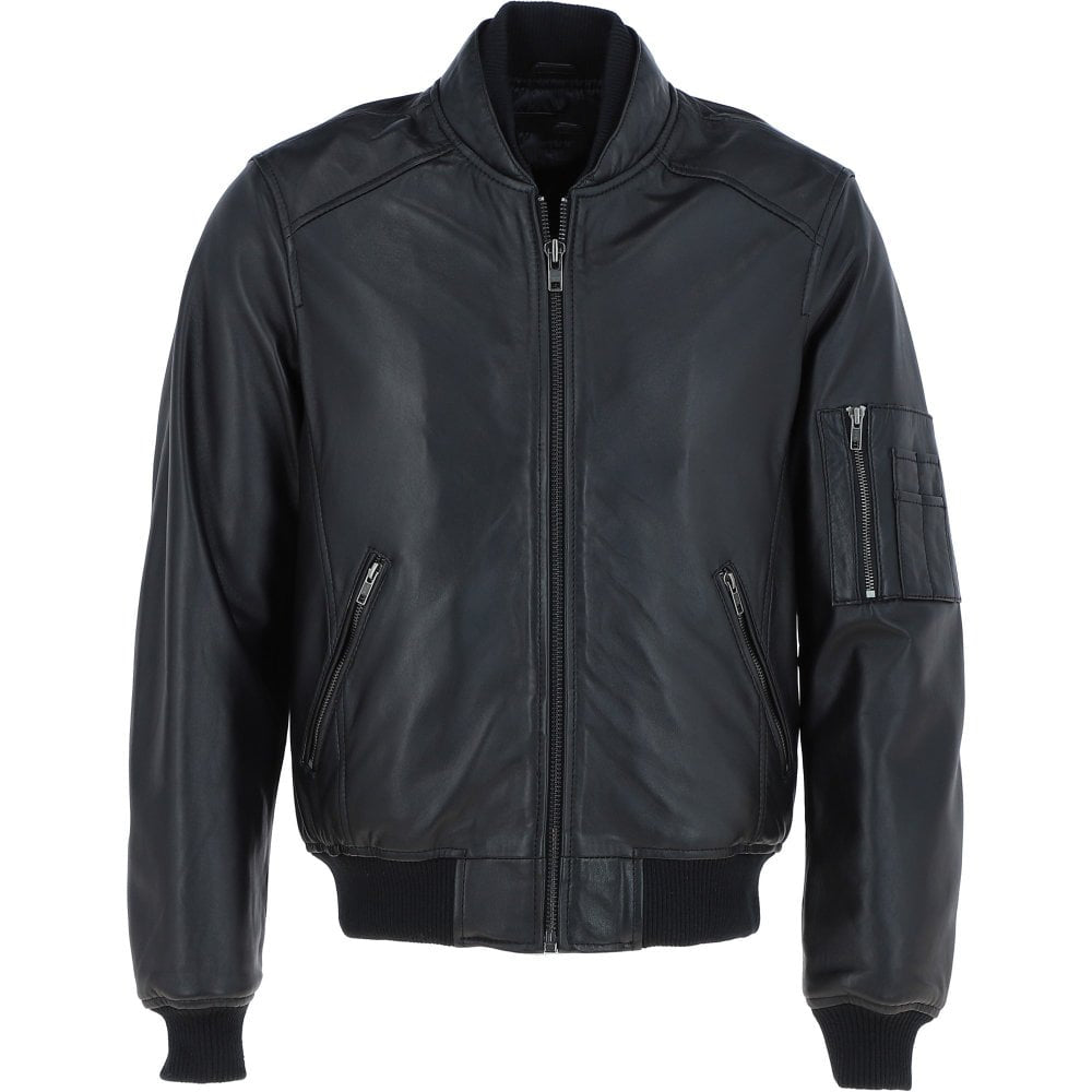 Men's Leather Bomber Jacket, Zip Front, Multiple Pockets | Black