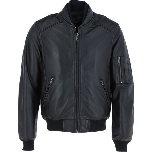 Men's Leather Bomber Jacket, Zip Front, Multiple Pockets | Black
