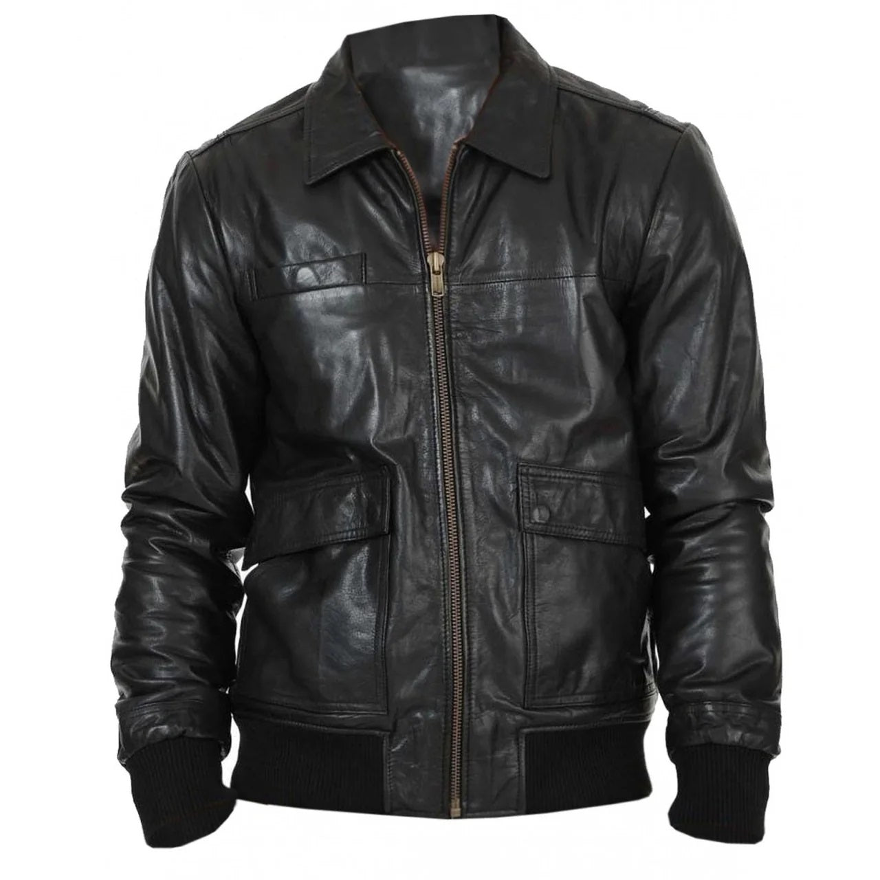Men's Real Lambskin Leather Bomber Jacket | Black