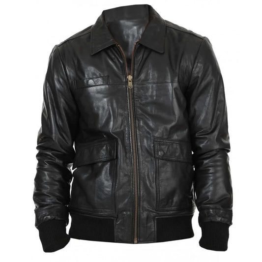 Men's Real Lambskin Leather Bomber Jacket | Black
