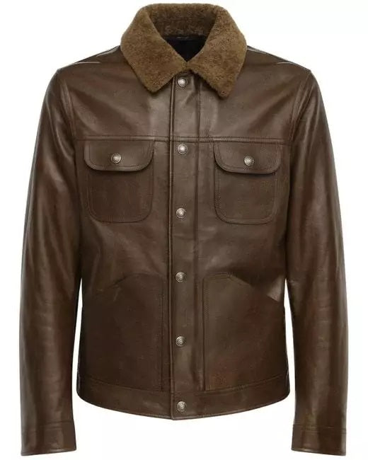 Men's Shiny Leather Jacket with Shearling Collar | Shiny Brown