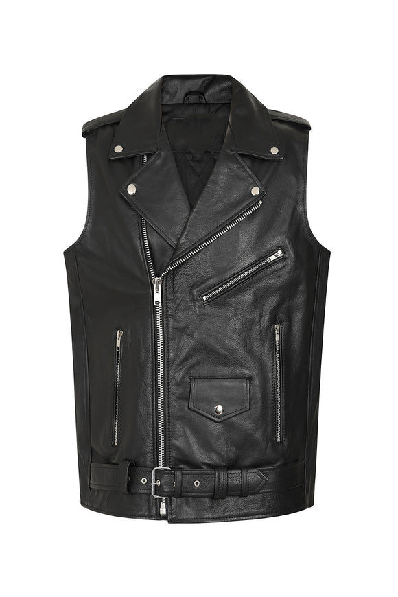 Men's Leather Biker Vest with Zipper, Belted Waist | Black The Stitch Fit