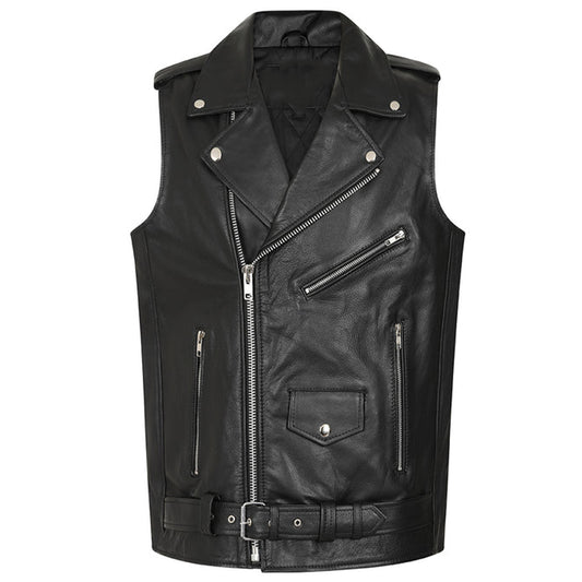 Men's Leather Biker Vest with Zipper, Belted Waist | Black