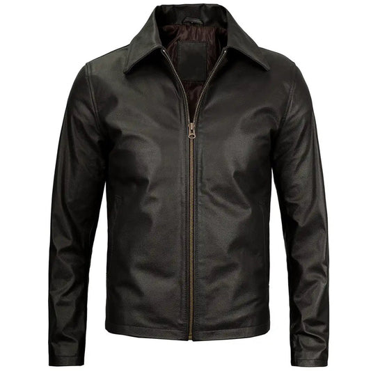 Men's Vintage Harrington Leather Jacket with Shirt Collar | Black