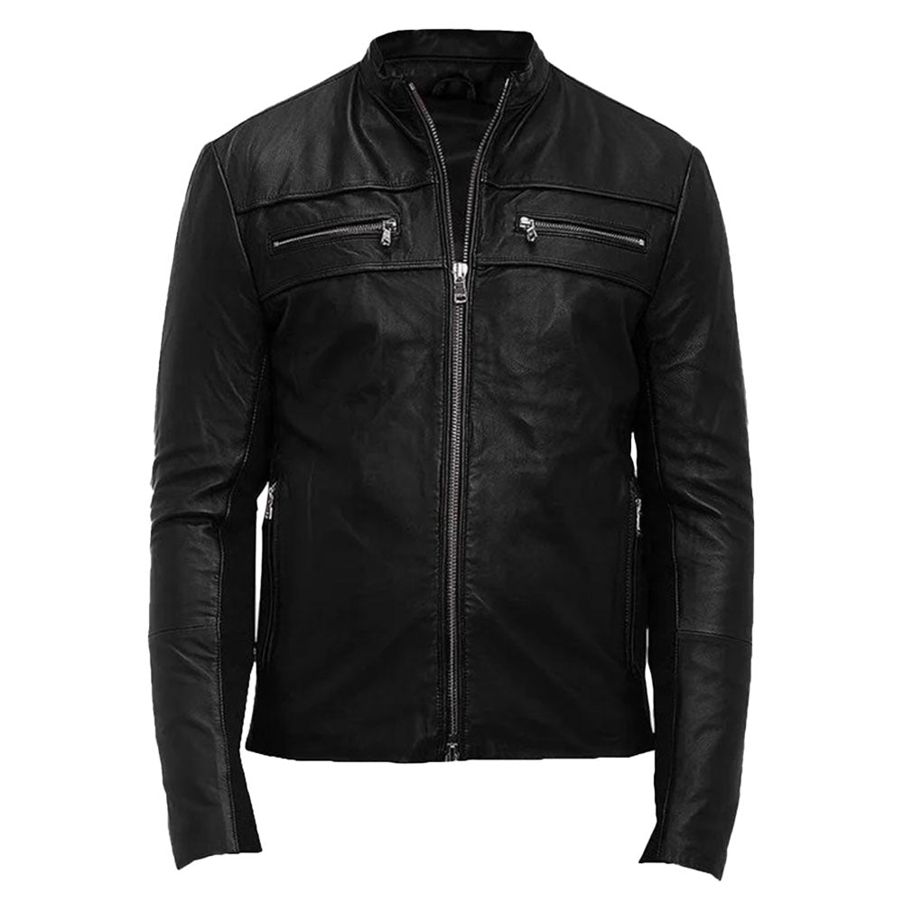 Men's Leather Biker Jacket,YKK Zipper Closure | Black