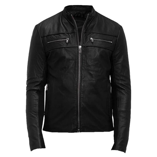 Men's Leather Biker Jacket,YKK Zipper Closure | Black