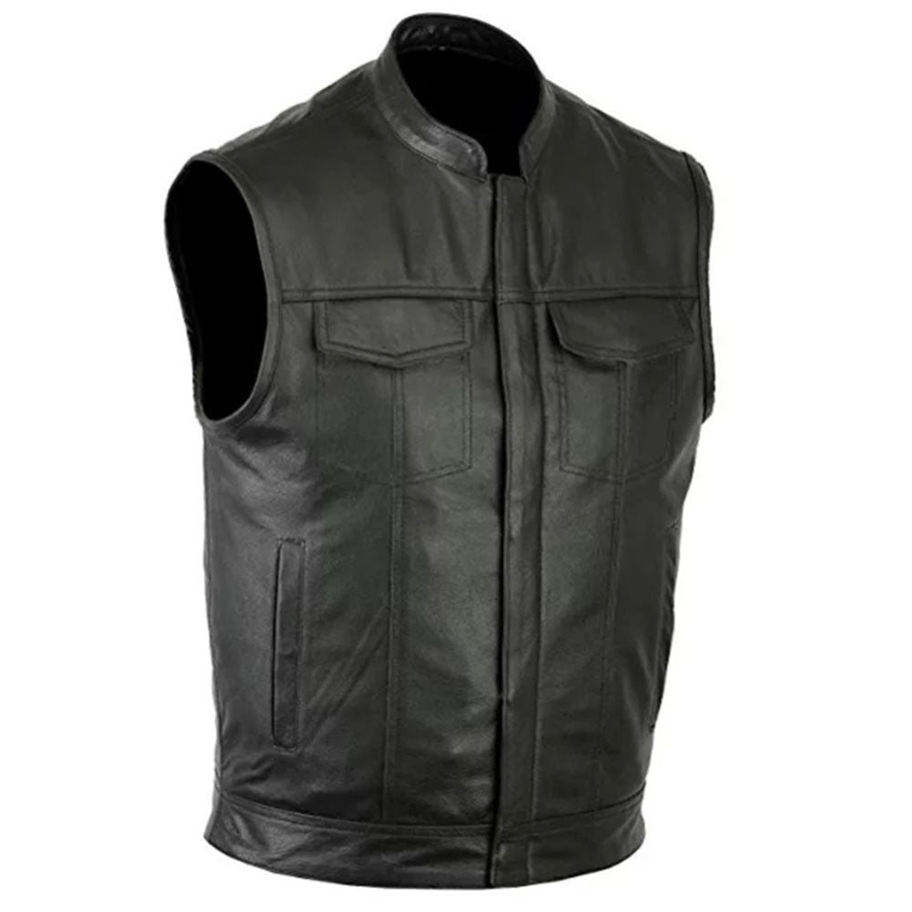 Women Leather Motorcycle Vest: 4 Front Pockets YKK Zipper (Available in Real or Faux Leather) | Black