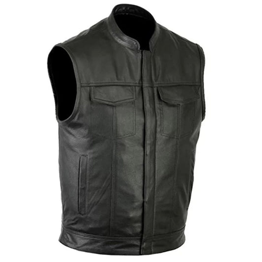 Women Leather Motorcycle Vest: 4 Front Pockets YKK Zipper (Available in Real or Faux Leather) | Black