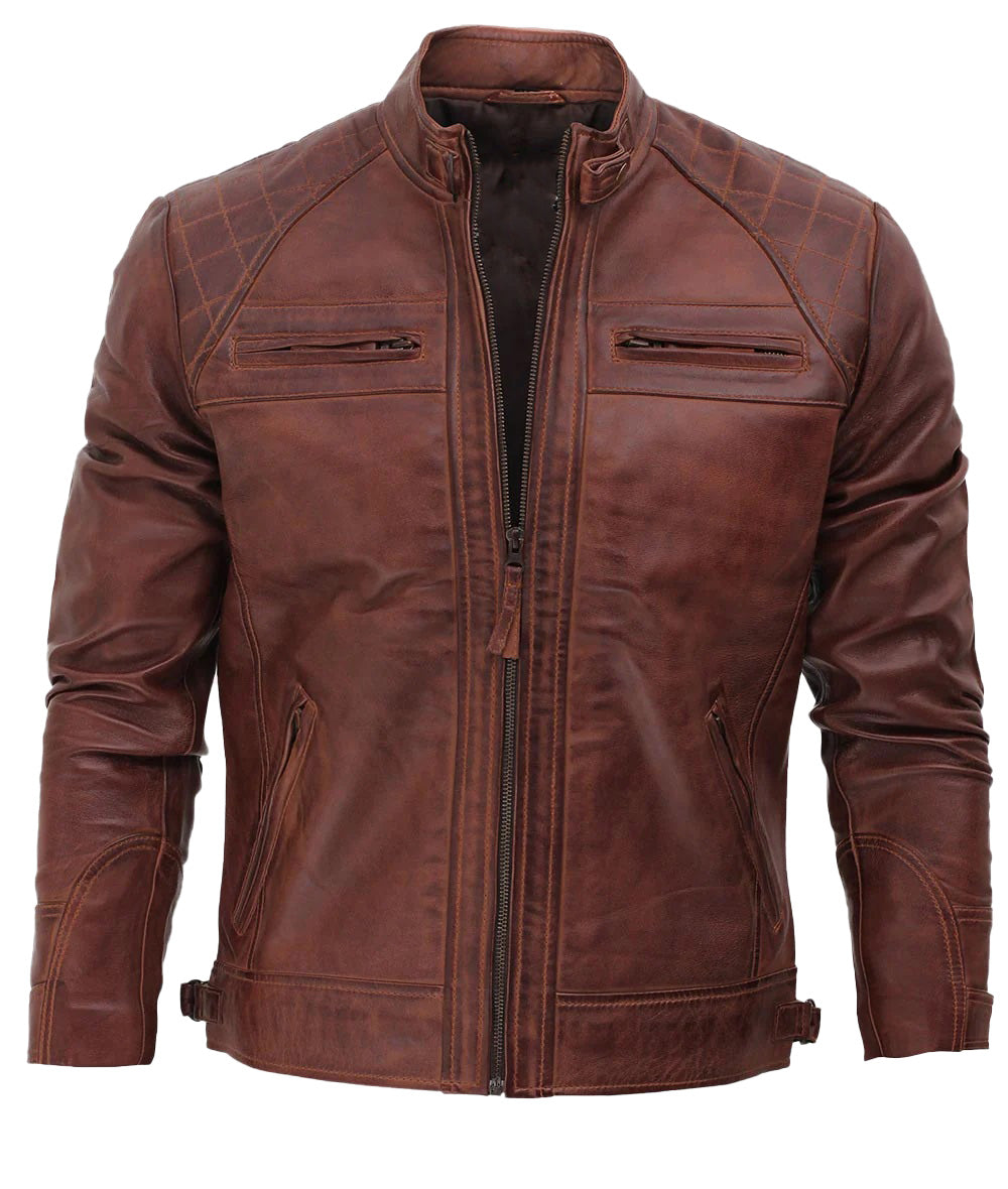 Men's Distressed Biker Leather Jacket | Brown