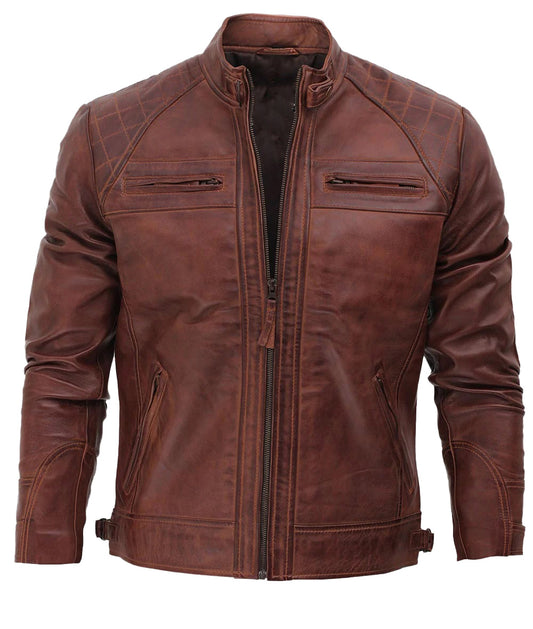 Men's Distressed Biker Leather Jacket | Brown