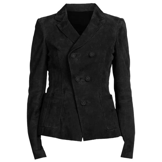 Women's Suede Leather Formal Business Double Breasted Jacket, Notched Lapel Collar | Black